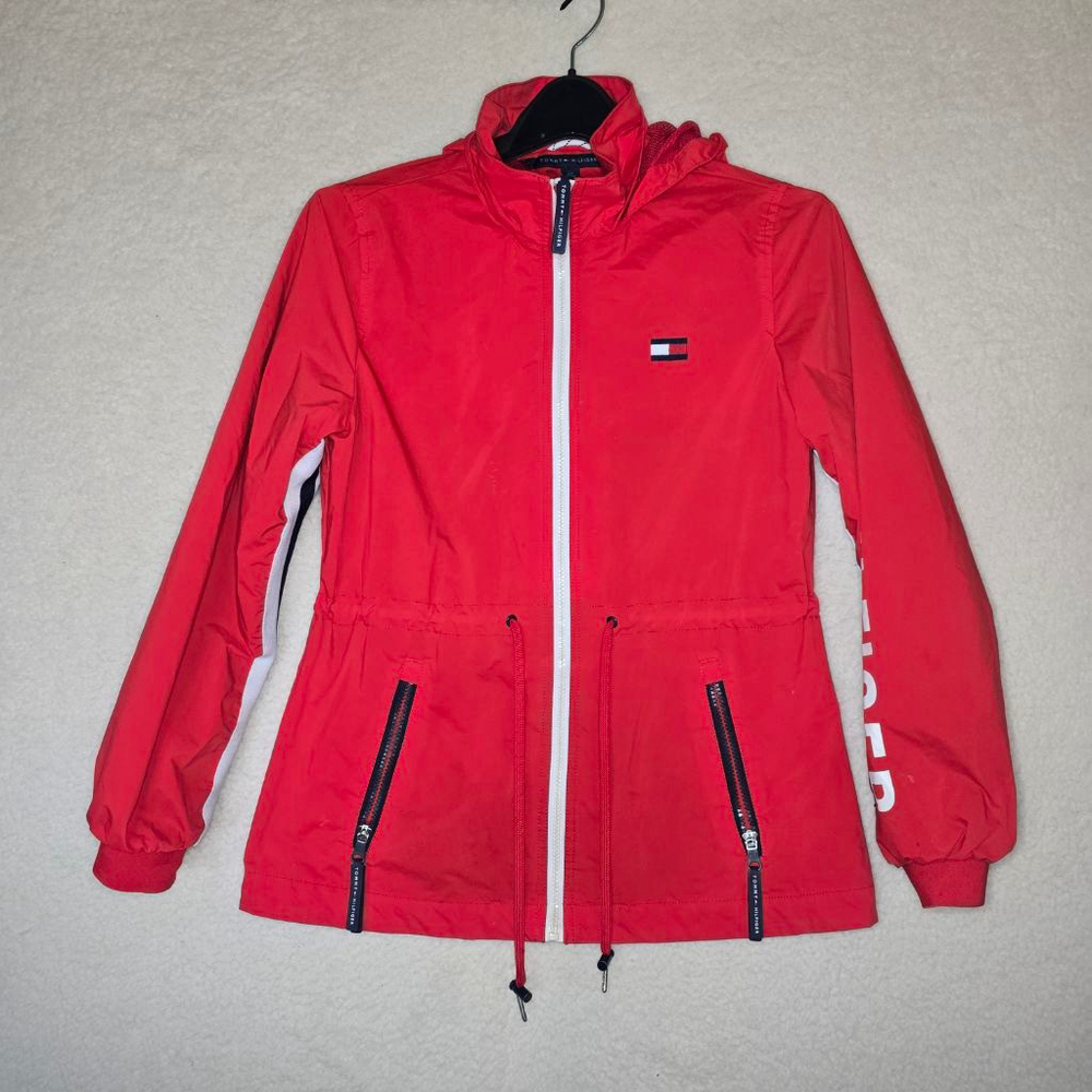 Tommy Hilfiger Women’s Red Hooded Windbreaker Jacket S/P Drawstring Waist *read*
